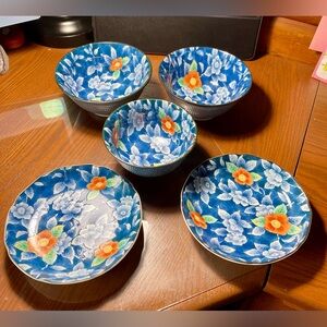 Vintage Set Japanese Arita Juzan-Gama Namazu Porcelain Peony 3 Bowls 2 Plates